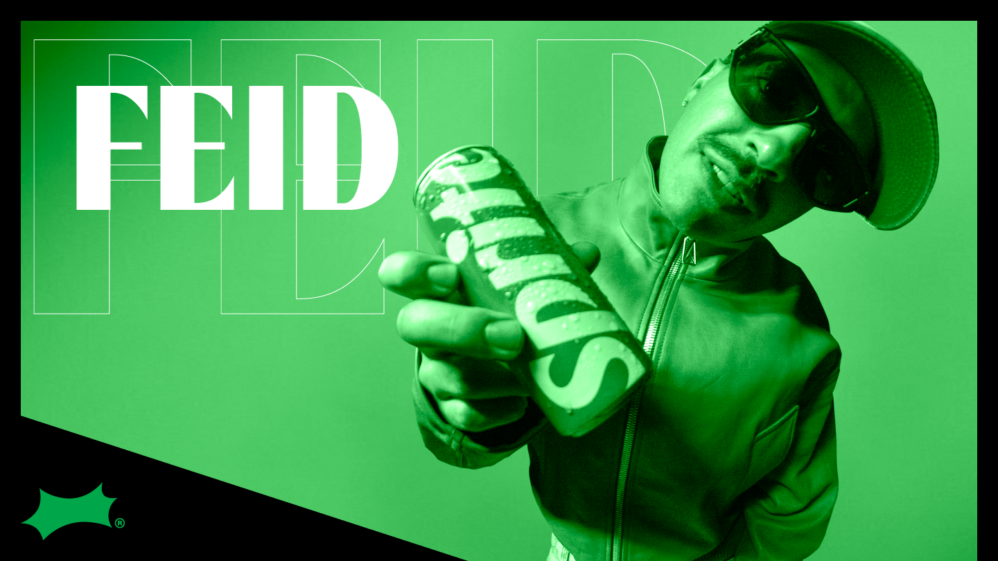 Image of artist, Feid, with green tint and the Sprite Limelight logo