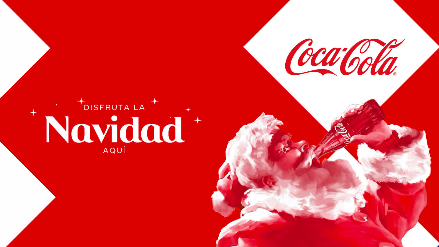 Papa Noel bebiendo Coca-Cola junto a logos de Coca-Cola