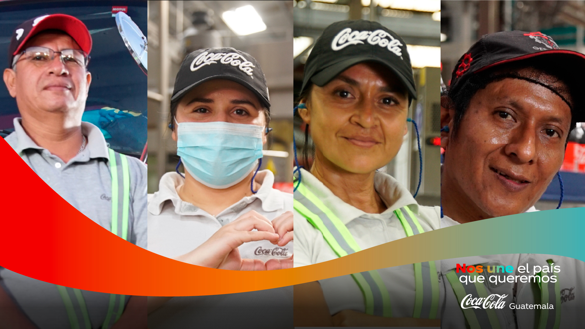 Personas mirando a cámara sonrientes. El logo de Coca-Cola Guatemala y encima se lee la leyenda "Nos une el país que queremos".