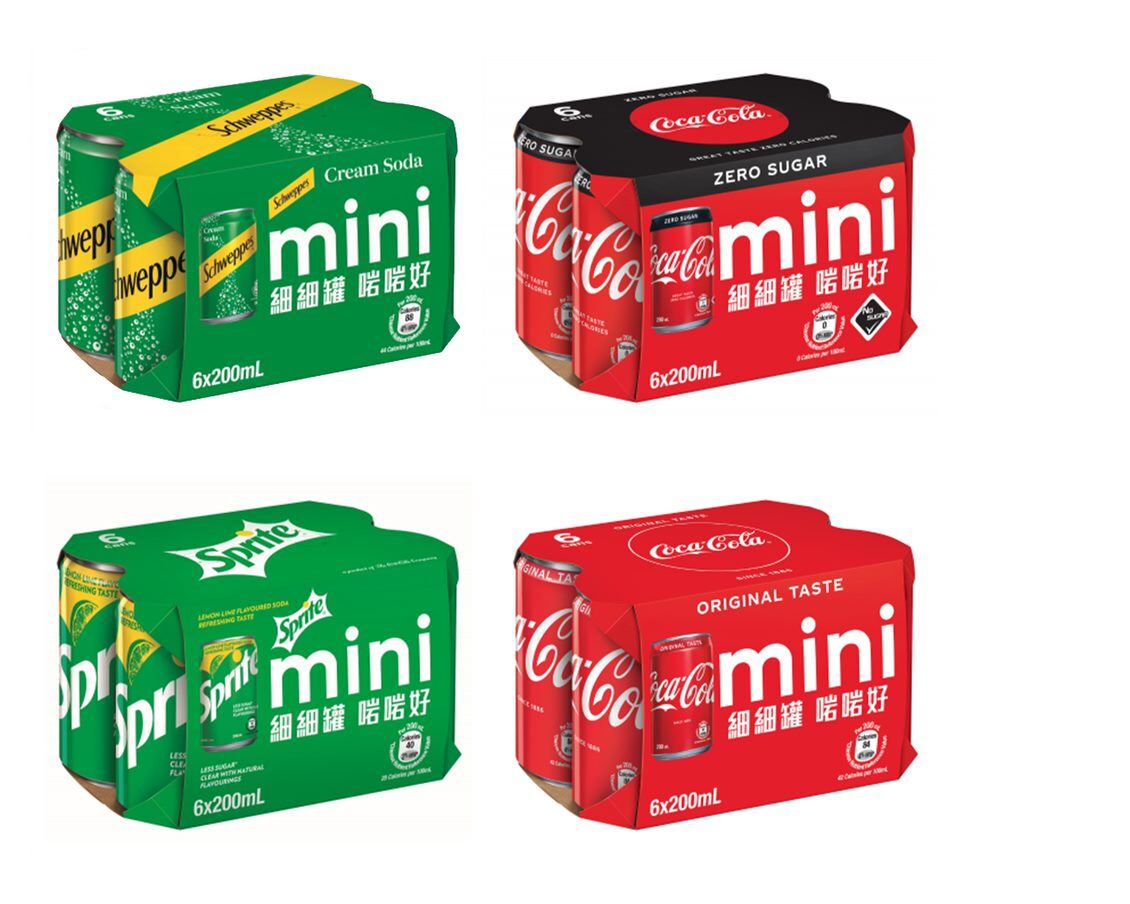 四種類型的可口可樂產品包裝，包括玉泉、零系可口可樂、雪碧和原味可口可樂