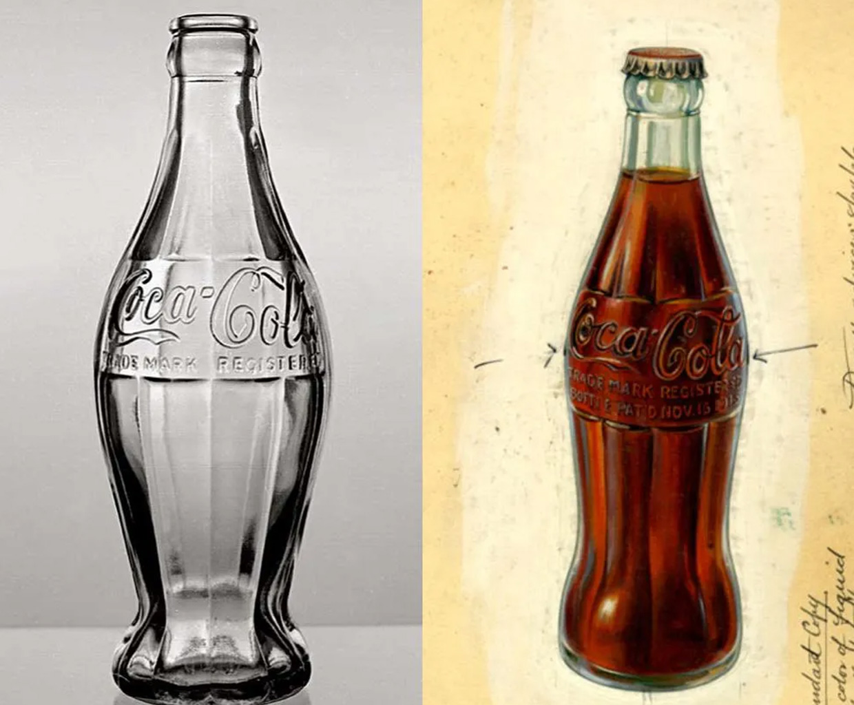 Dos botellas de vidrio Coca-Cola. Del lado izquierdo se encuentra una botella Coca-Cola de vidrio vacía, del lado derecho hay una botella Coca-Cola de vidrio llena y cerrada.