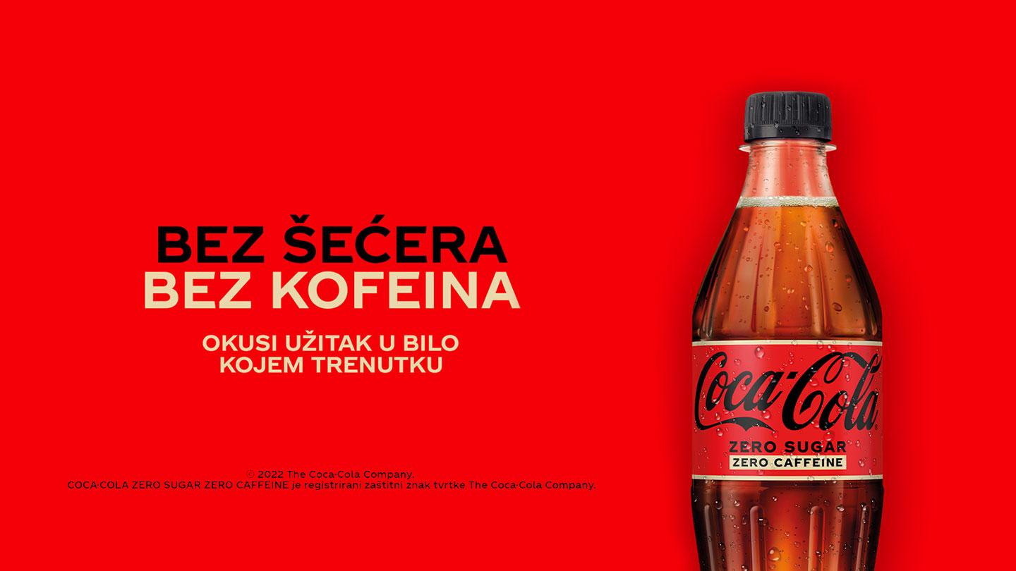 coca-cola zero sugar zero caffein sa crvenom pozadinom i flašicom coca-cole