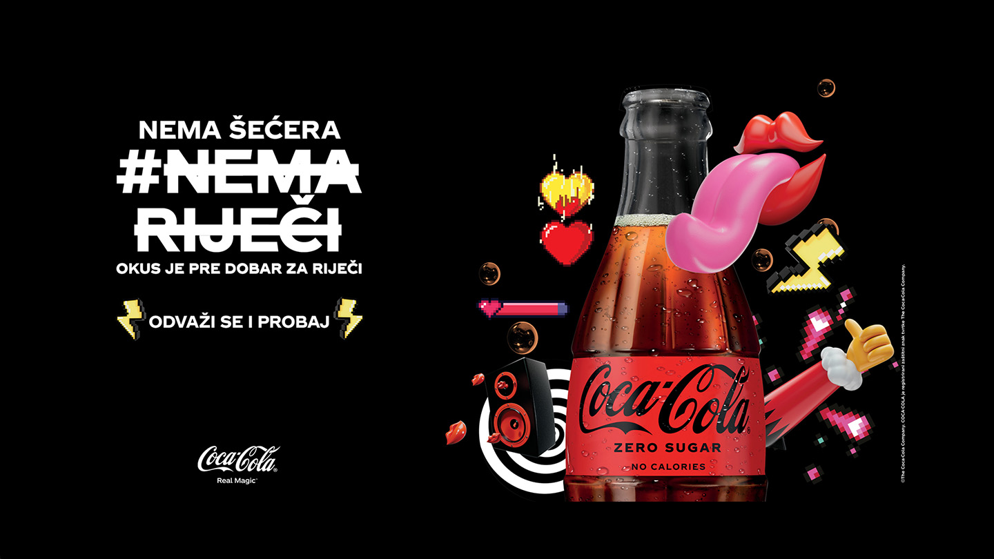 Razigrani baner s bocom Coca-Cole Zero sa sloganom nema šećera #nema riječi okus je predobar za riječi