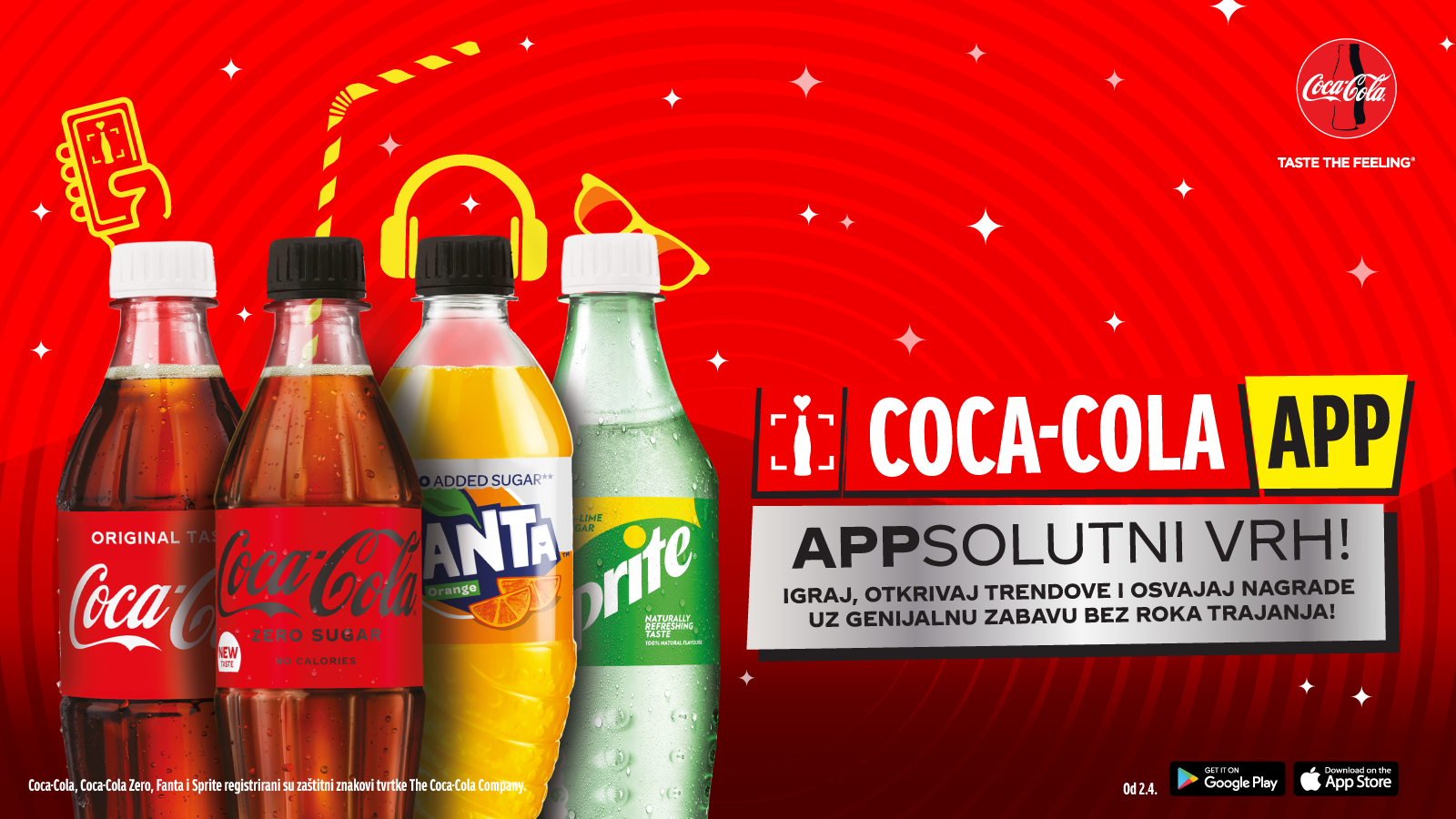 Baner sa crvenom pozadinom na kojoj se nalaze plastične bočice Coca Cola, Coca Cola Zero, Fanta Orange i Sprite