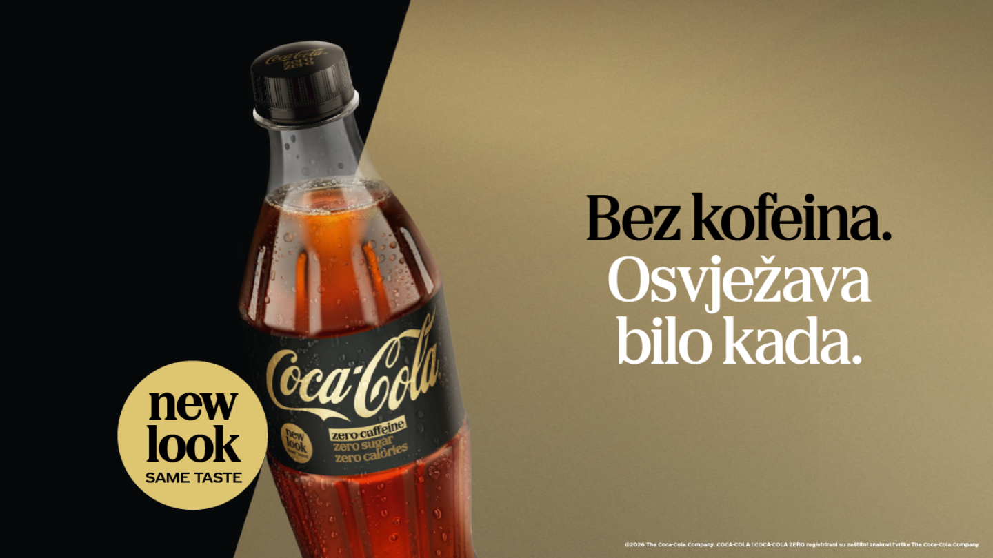 crveni baner s coca-colom bez šećera i kofeina bočicom u desnom kutu