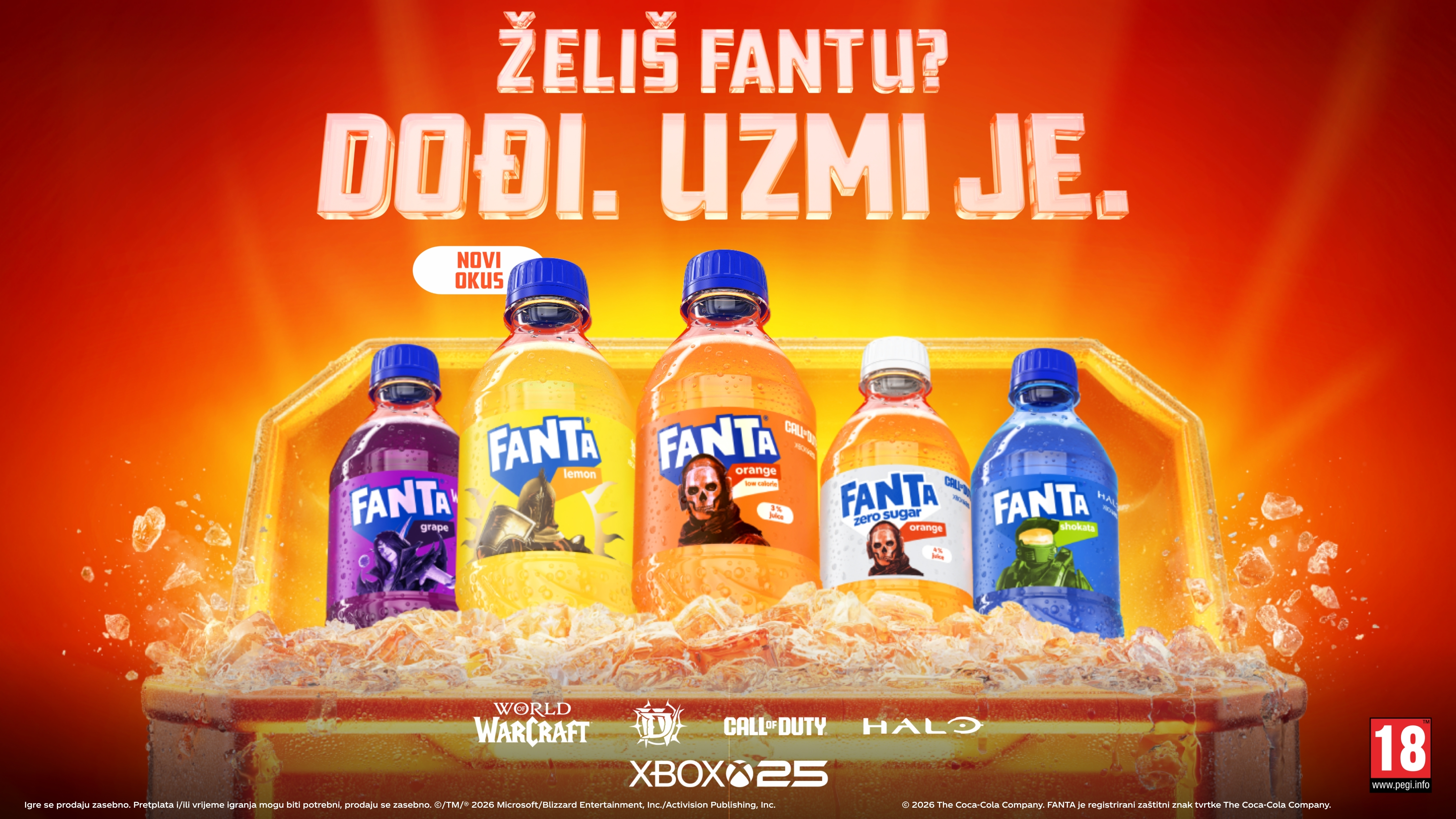 A rewards chest opened to reveal Fanta cans featuring characters from Forza Horizon 6, Call of Duty, Diablo IV, Halo and World of Warcraft. Text reads: "Wanta Fanta? Come get it."
