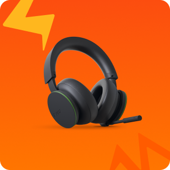 Xbox Headset na živopisnoj narančastoj pozadini sa zavojitim uzorcima.