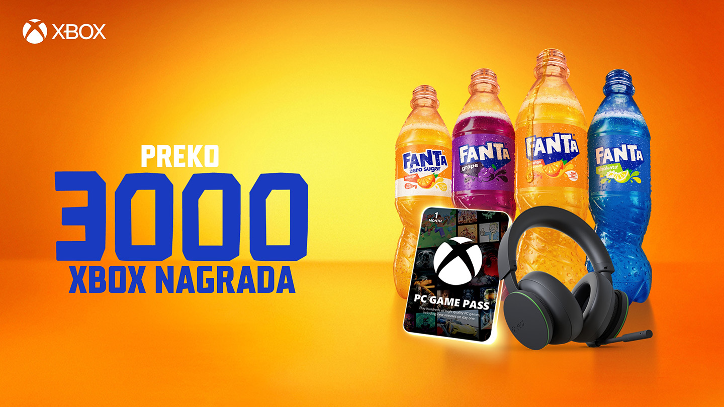 Fanta 500ml (PET) s tekstom koji promovira Xbox nagrade koje se dodjeljuju; narančasta i žuta pozadina s podebljanim slovima.