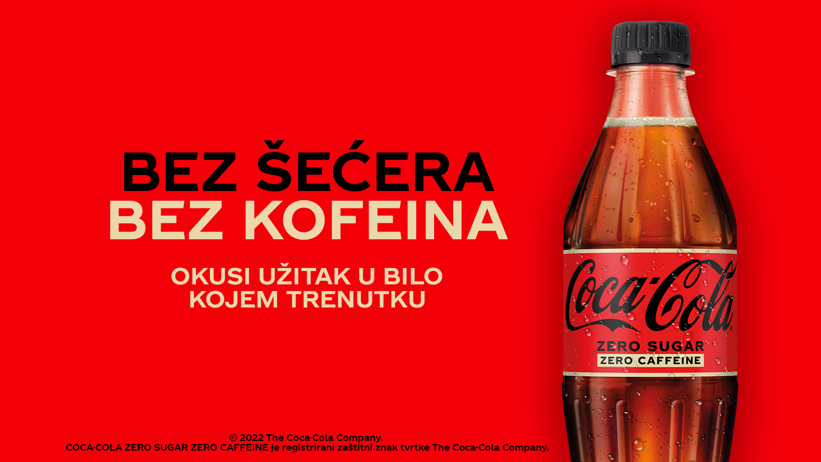coca-cola zero sugar zero caffein sa crvenom pozadinom i flašicom coca-cole
