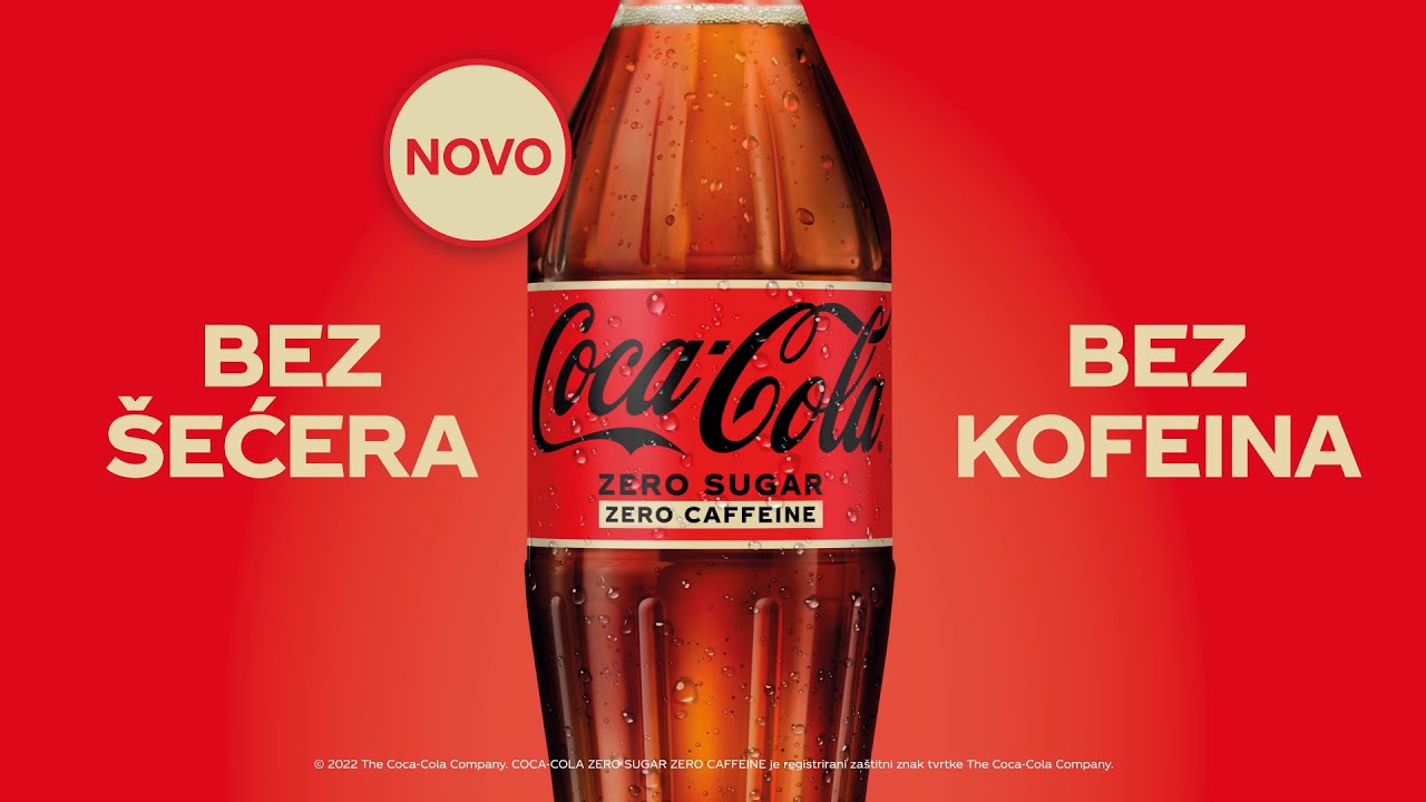crveni baner bez šećera bez kofeina sa coca-cola bočicom u sredini i stikerom novo