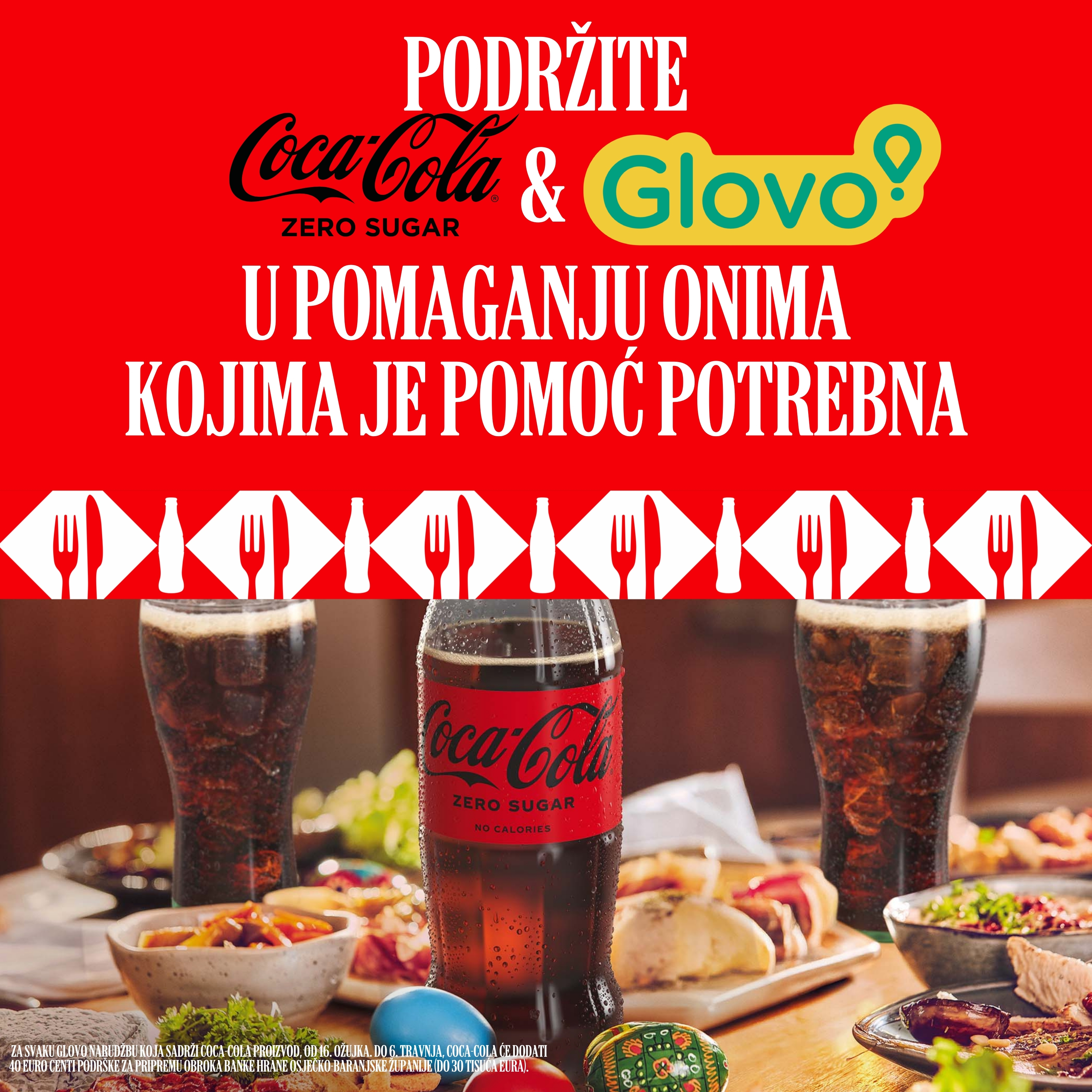 Vizual kampanje Coca‑Cole Zero Sugar i Glova koji poziva na donacije hrane, uz prikaz obroka i napitaka na stolu te poruku o pružanju pomoći onima kojima je potrebna.