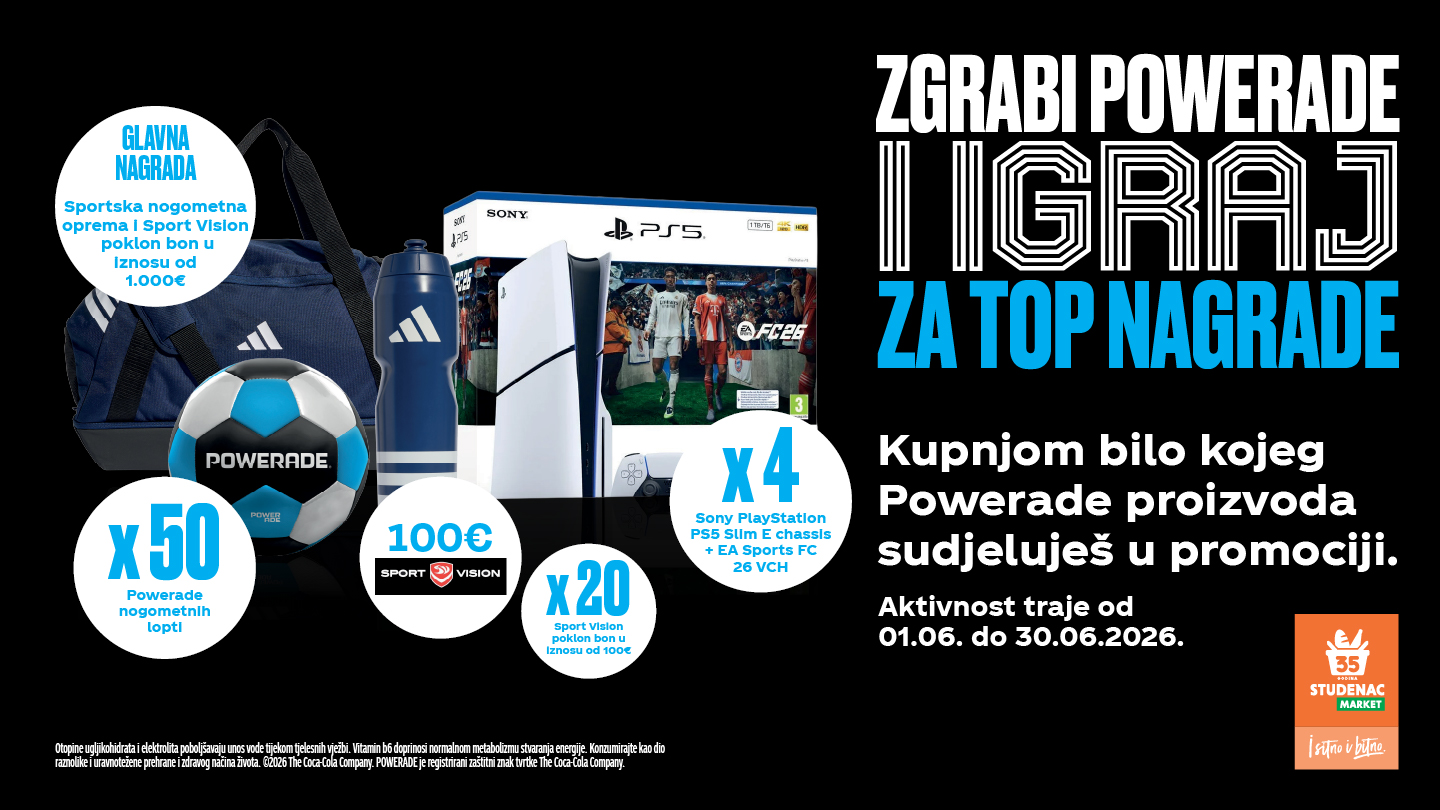 Promotivni banner Powerade i Studenca s nogometnom tematikom. 