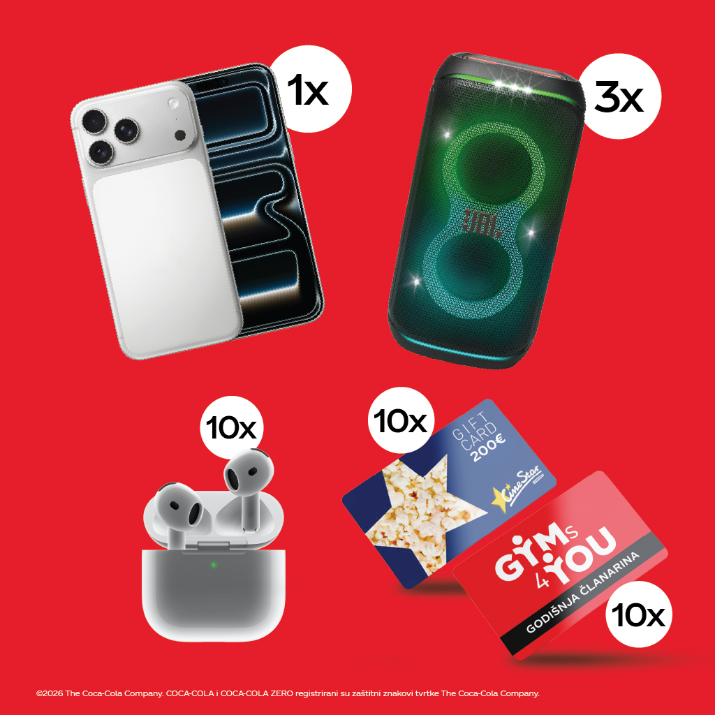 Nagrade na crvenoj pozadini prikazuju iPhhone, slušalice, Gym4You članarine i Cinestar ulaznice