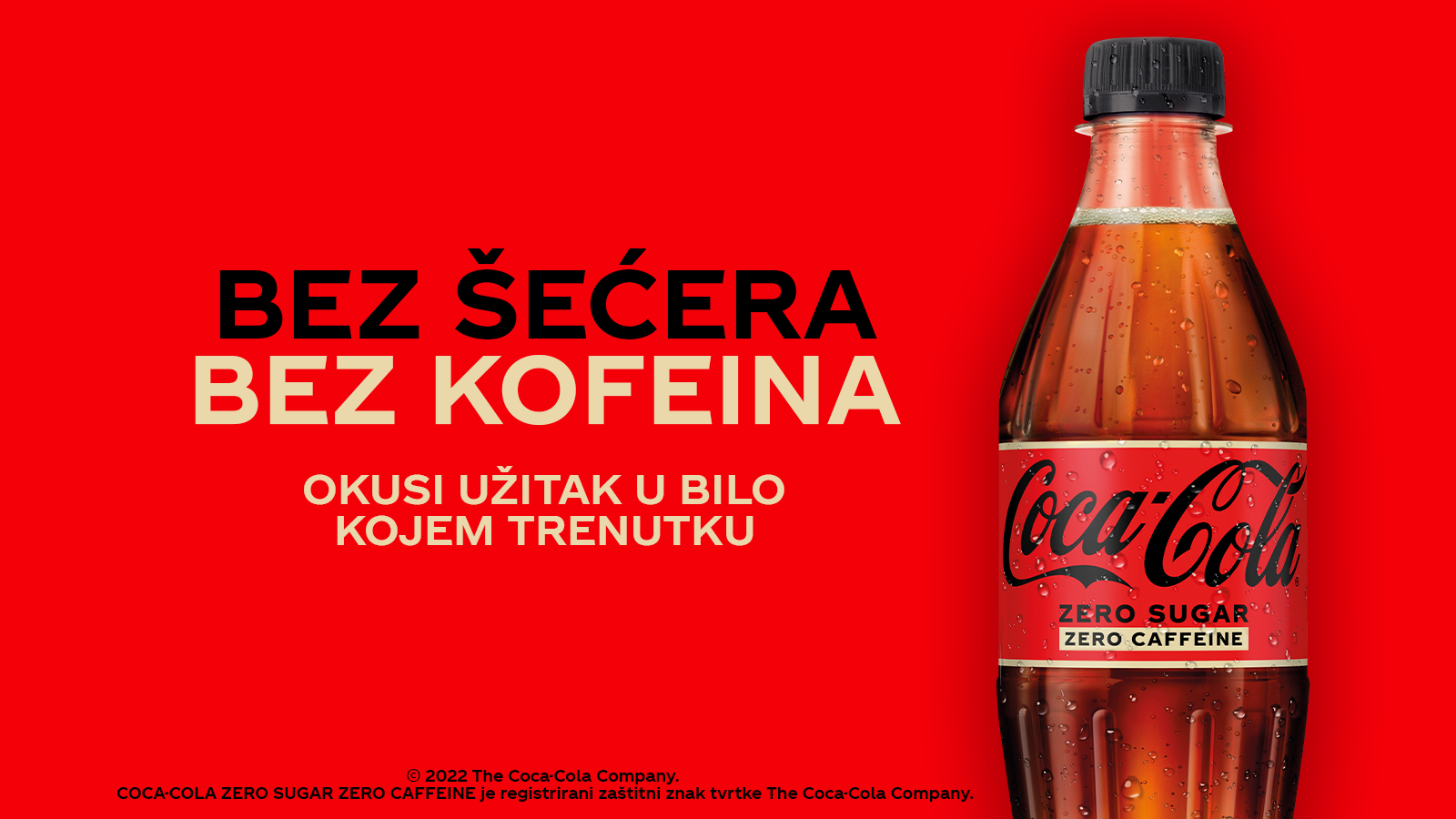 crveni baner s coca-colom bez šećera i kofeina bočicom u desnom kutu