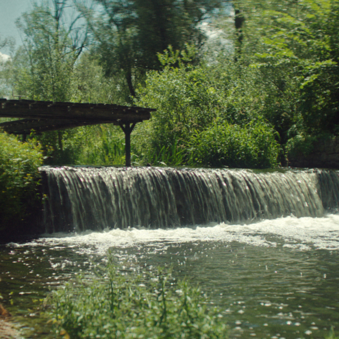 Mali slap koji se prelijeva preko drvene brane okružen zelenilom i bujnom vegetacijom.