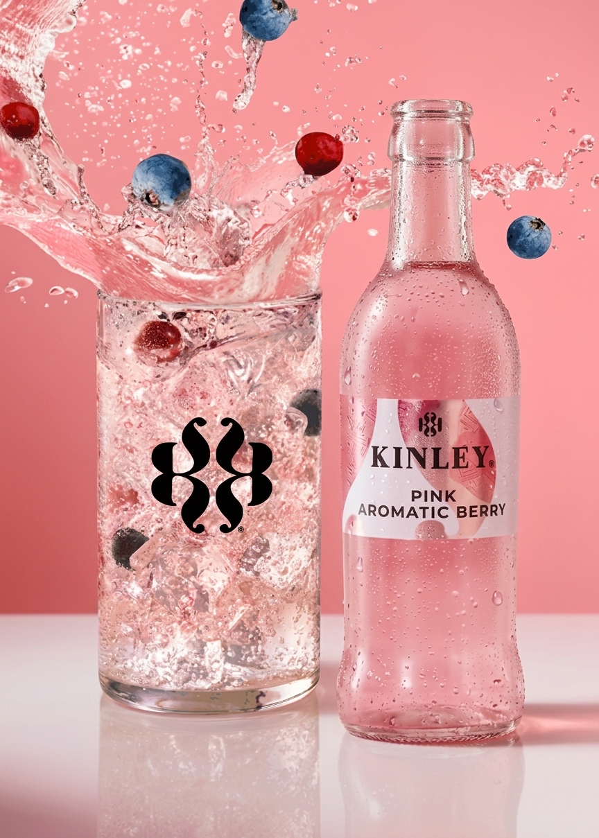 Kinley Pink Aromatic Berry üveg mellett pohár, jégkockákkal és gyümölcsökkel
