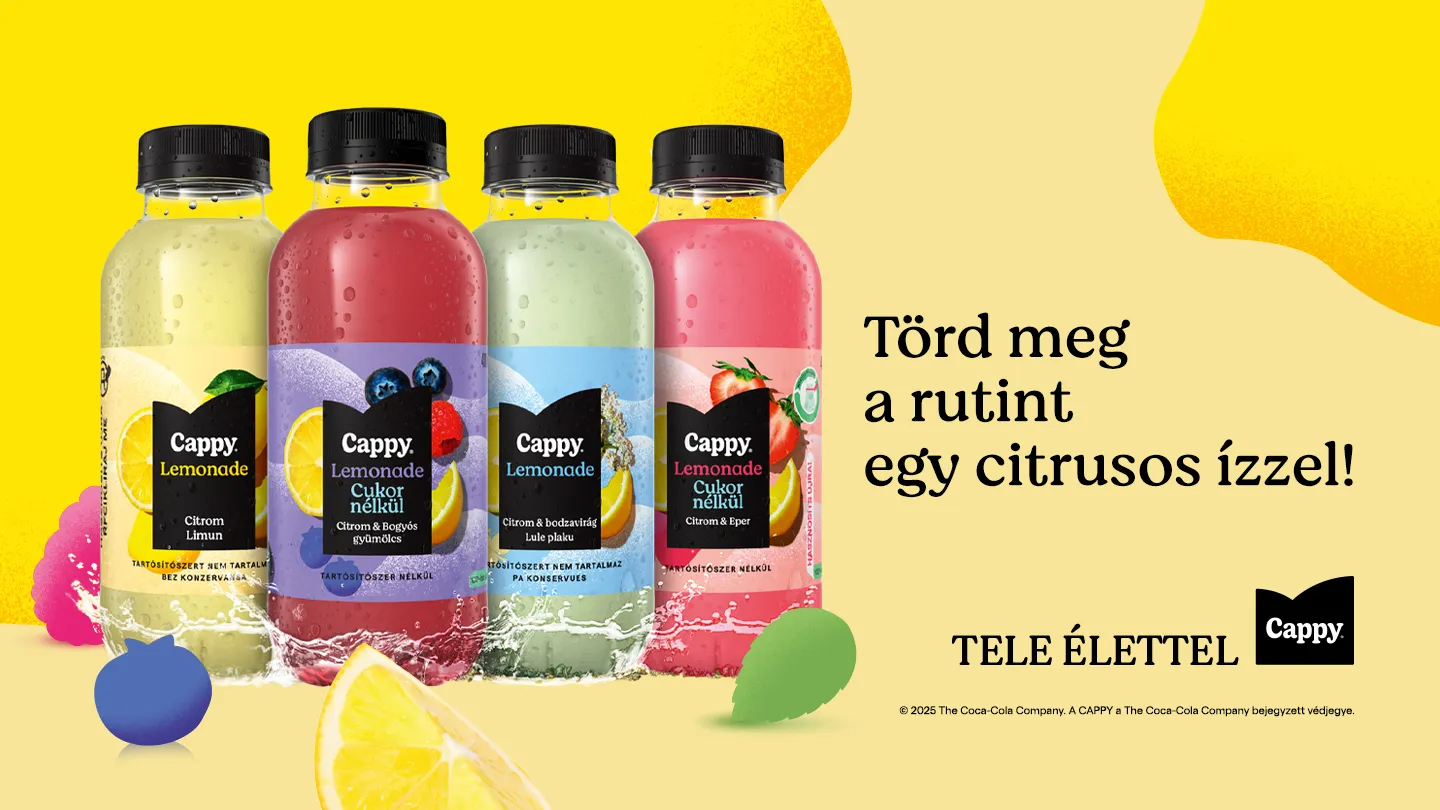 Cappy Lemonade palackok sárga háttéren: Törd meg a rutint egy citrusos ízzel! szöveggel