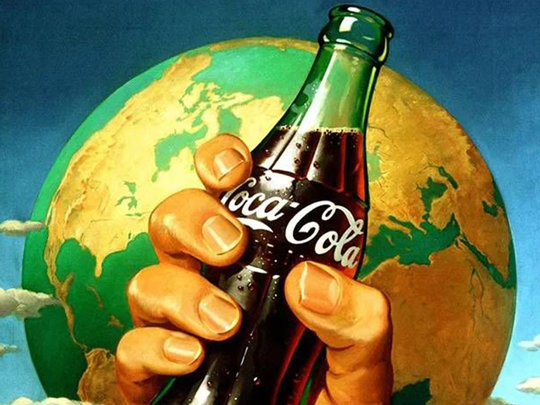 Színes vintage illusztráció a Coca-Cola történetének különböző elemeiről