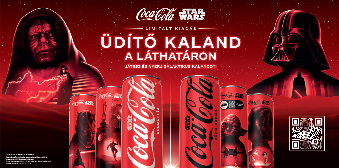 Egy piros háttérben szalagcím Coca-Cola dobozokkal és Star Wars karakterekkel