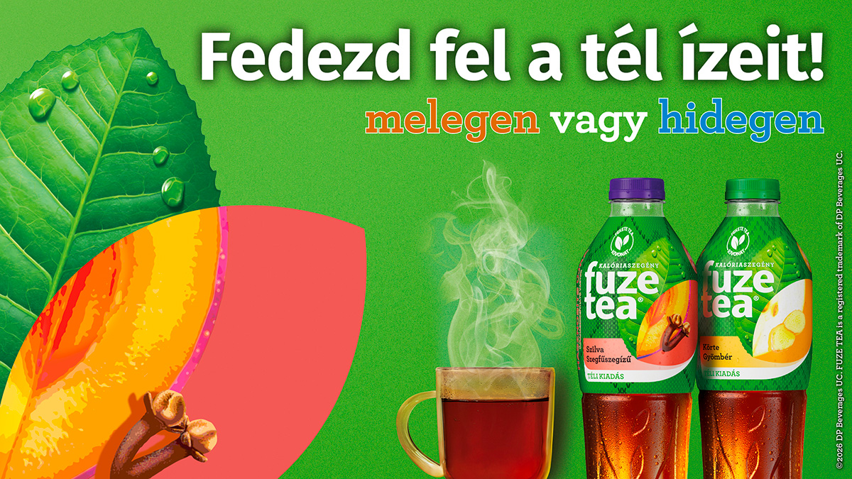 Fuze Tea reklám őszibarack-rózsa és citrom-citromfű ízekkel, felirat: Kortyolj bele az ízek fúziójába.