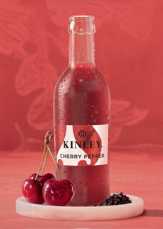Kinley Pink Aromatic Berry üveg mellett pohár, jégkockákkal és gyümölcsökkel