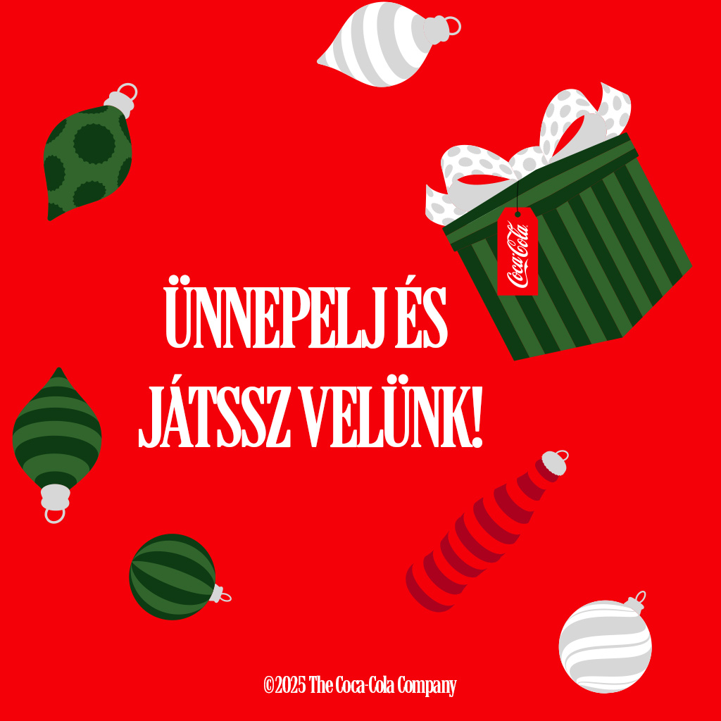 Piros alapon fehér Ünnepelj és játssz velünk felirat, zöld, fehér csíkos, karácsonyi gömbdíszek.