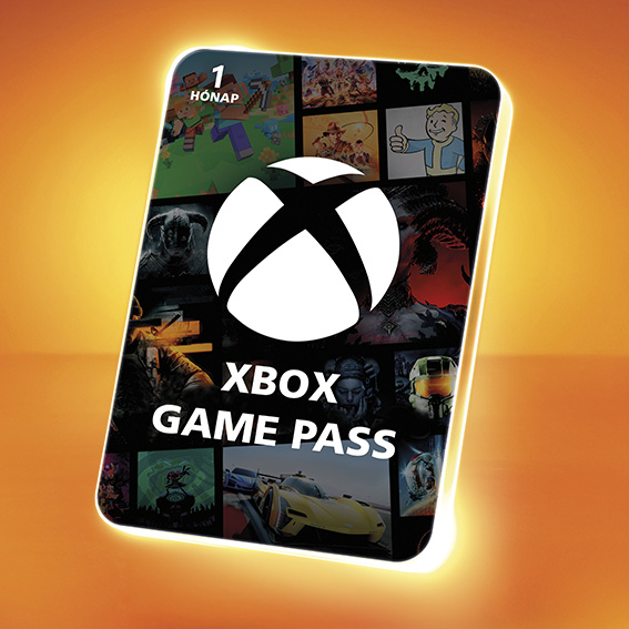Xbox Game Pass kártya játékborítókkal, narancssárga háttéren.