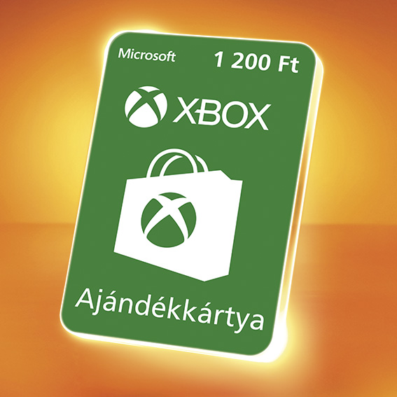 Xbox ajándékkártya 1200 Ft értékben, zöld kártya narancssárga háttéren.