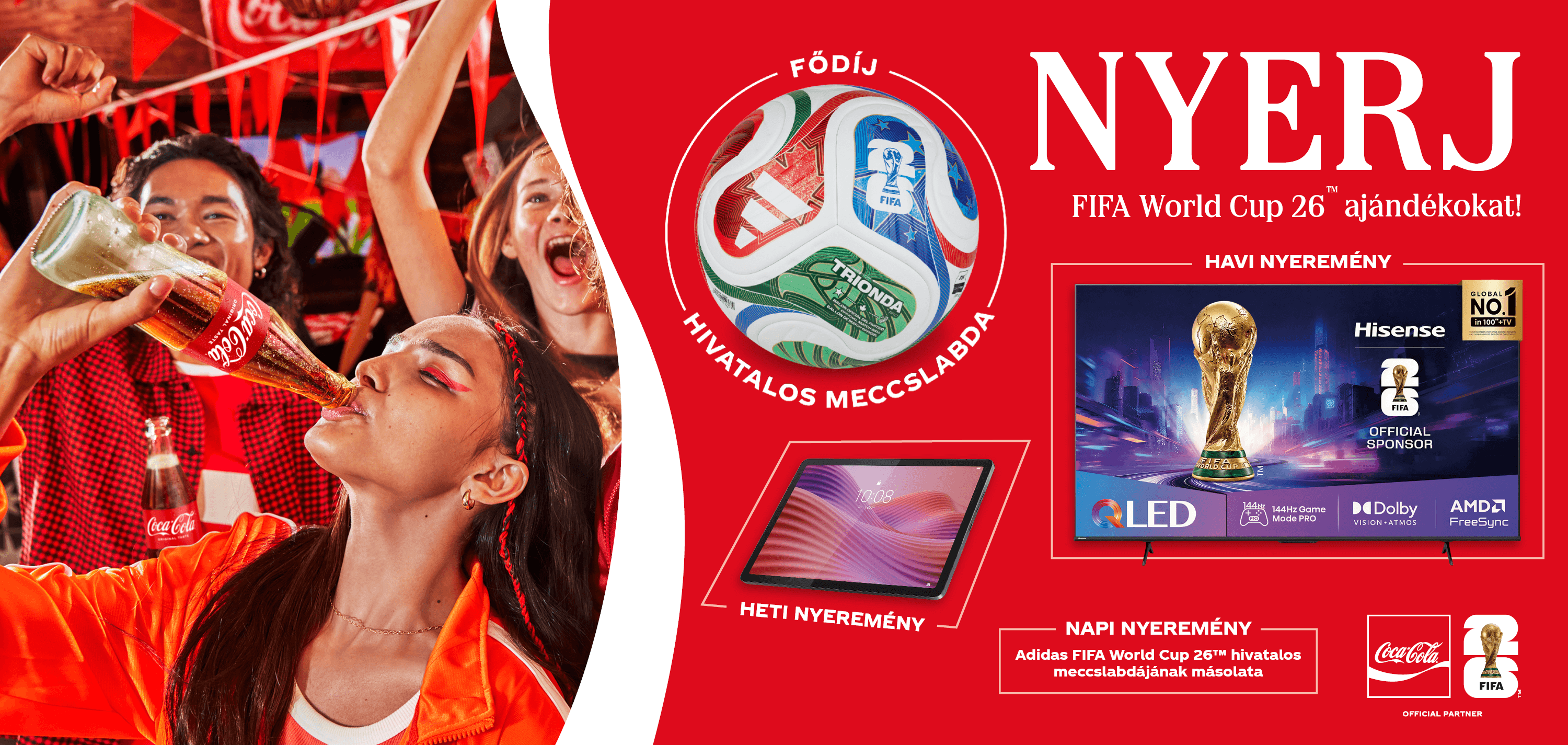 TV, Tablet, és Adidas labda FIFA nyeremények piros háttéren szurkoló emberekkel.