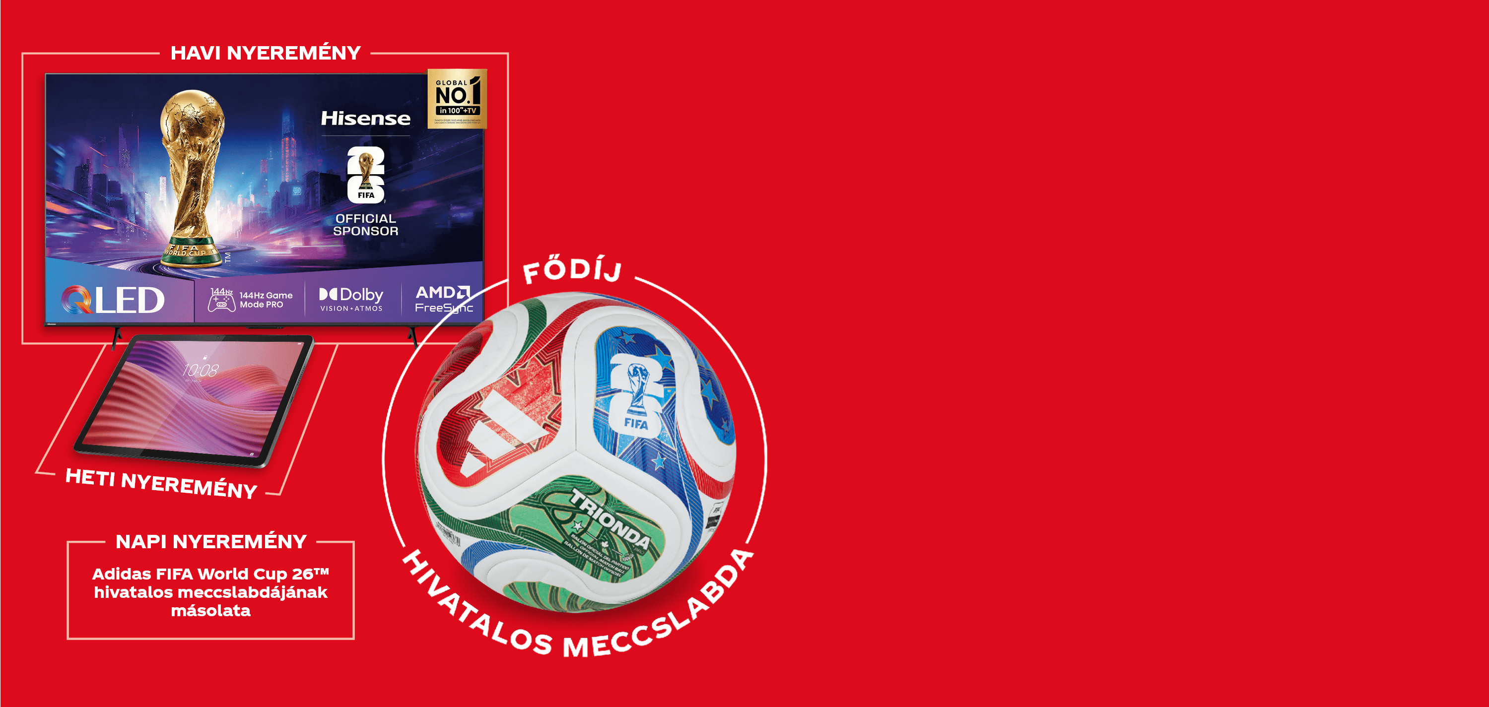 TV, Tablet, és Adidas labda FIFA nyeremények piros háttéren