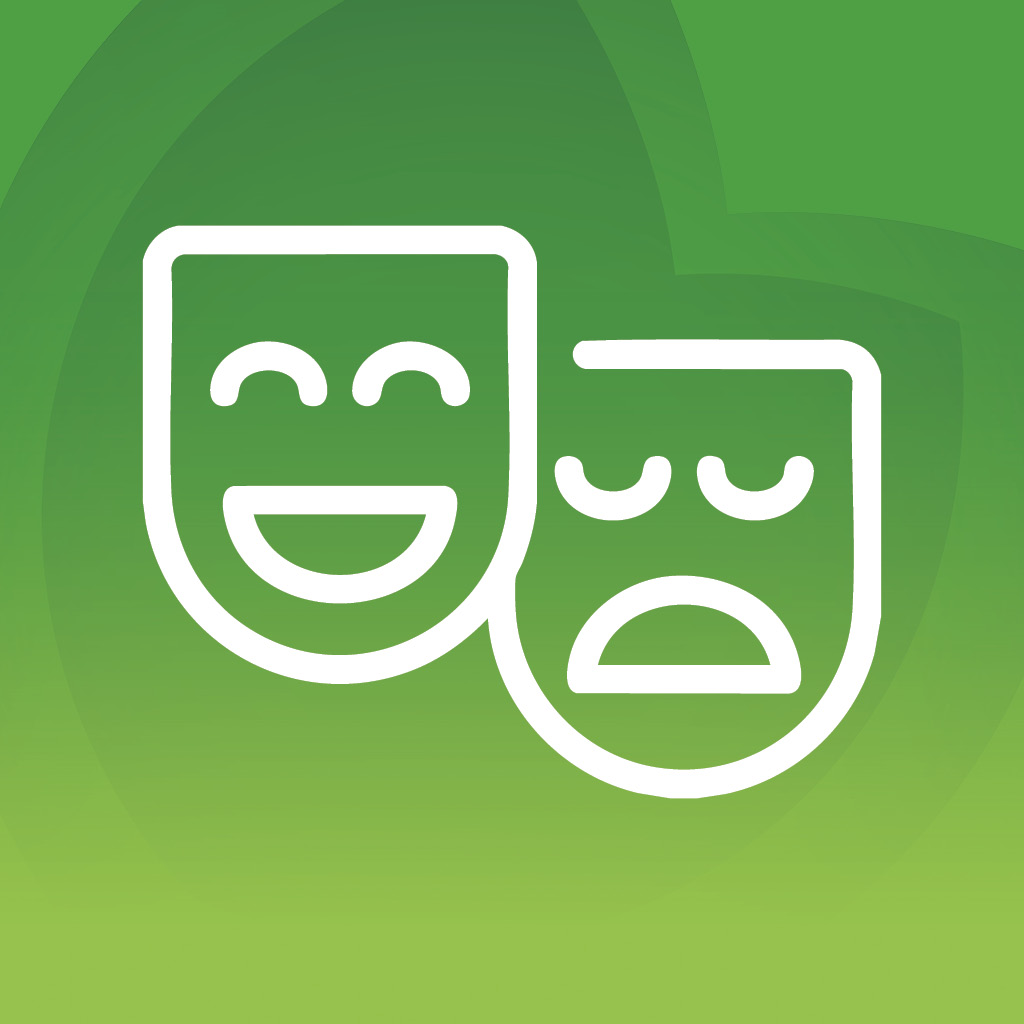 Színházi maszkokat ábrázoló ikon, kulturális élményt jelképezve, zöld háttéren.