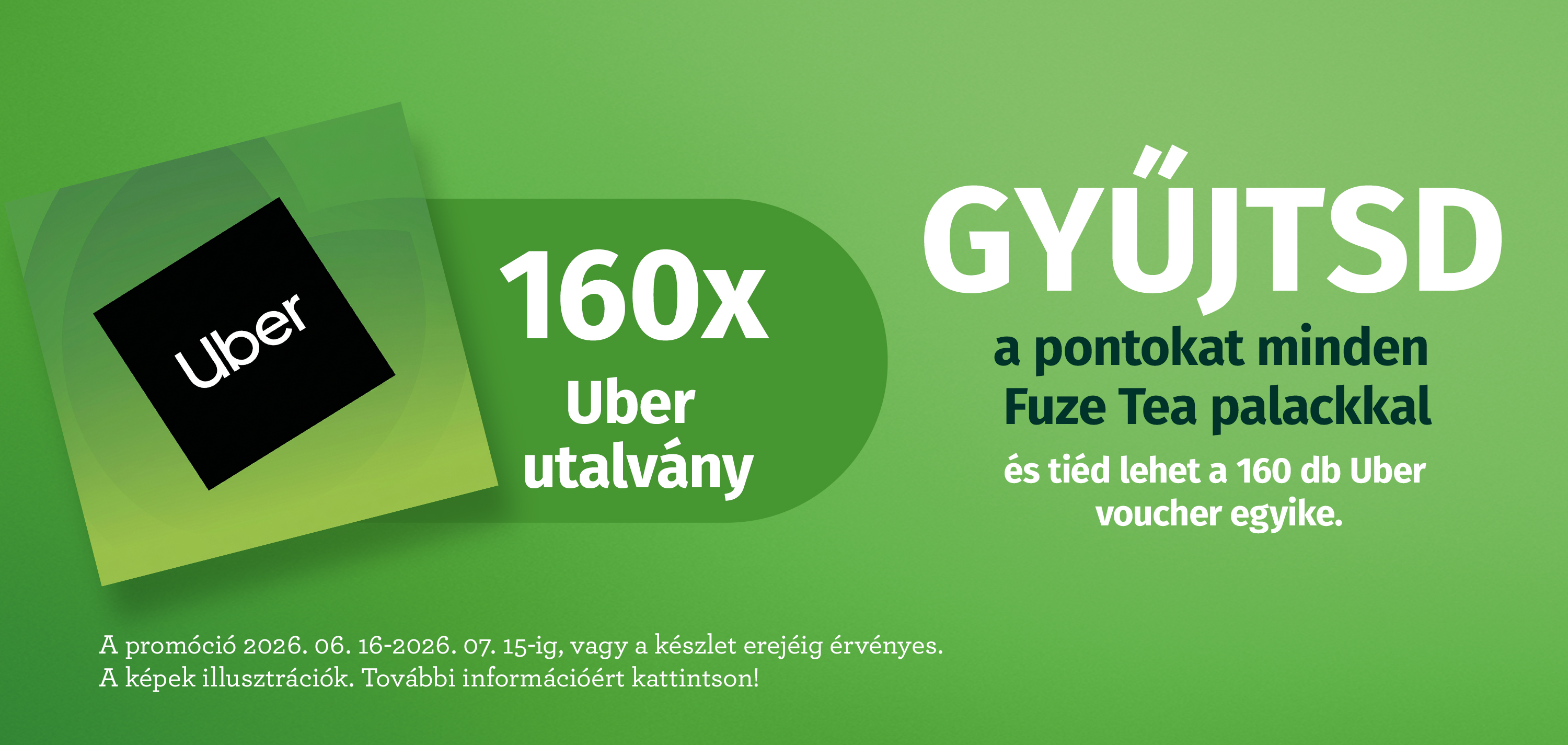Fuze Tea promóció zöld háttéren: palackok, nyeremények és QR-kód, minden palackkal esély a nyerésre.
