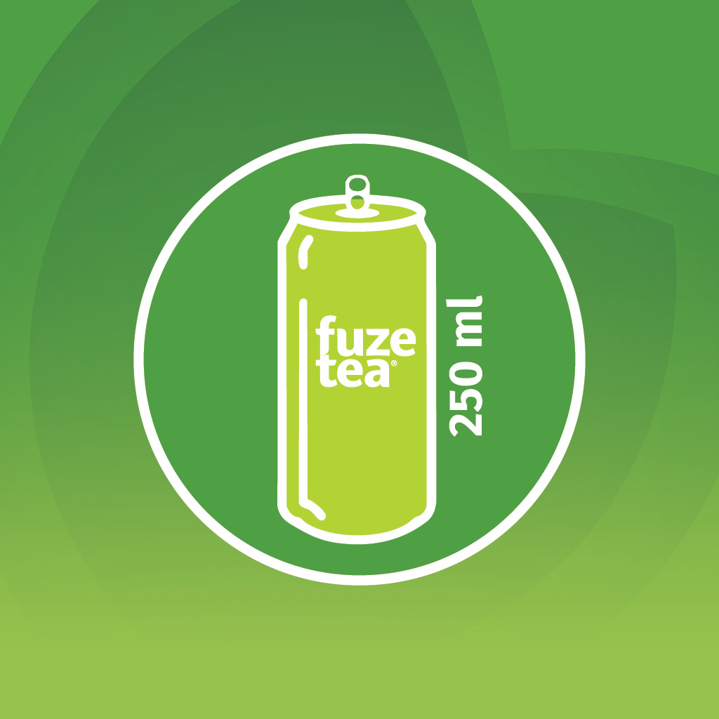 Fuze Tea 250 ml-es dobozt ábrázoló ikon kör alakú keretben, zöld háttéren.