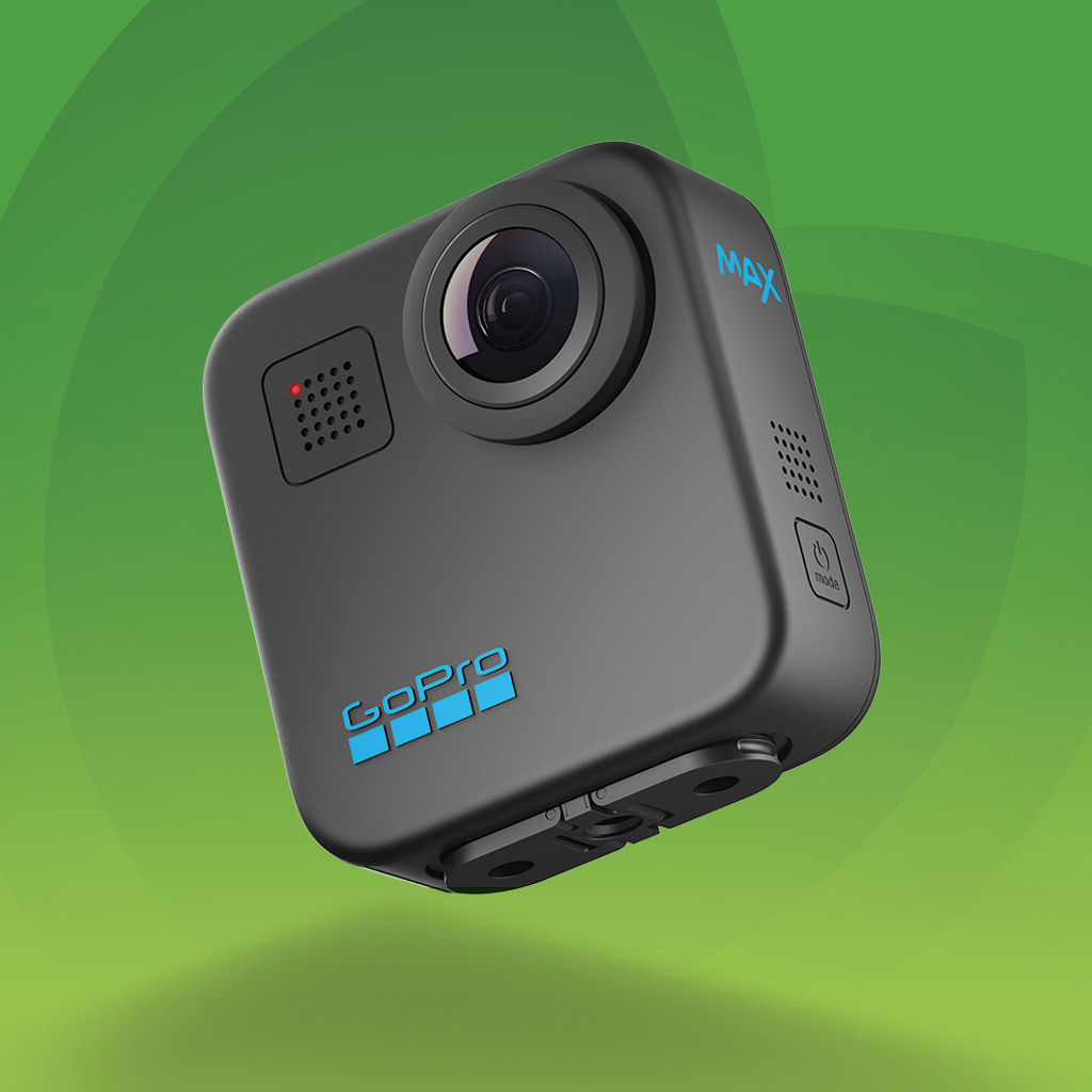 GoPro MAX akciókamera lebegő nézetben, zöld háttéren.