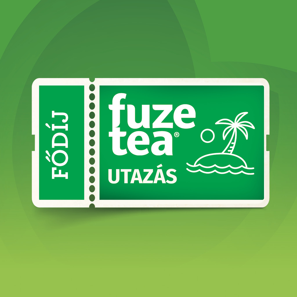 Fődíj Fuze Tea Utazás belépőjegyet ábrázoló grafika pálmafával, zöld háttéren.