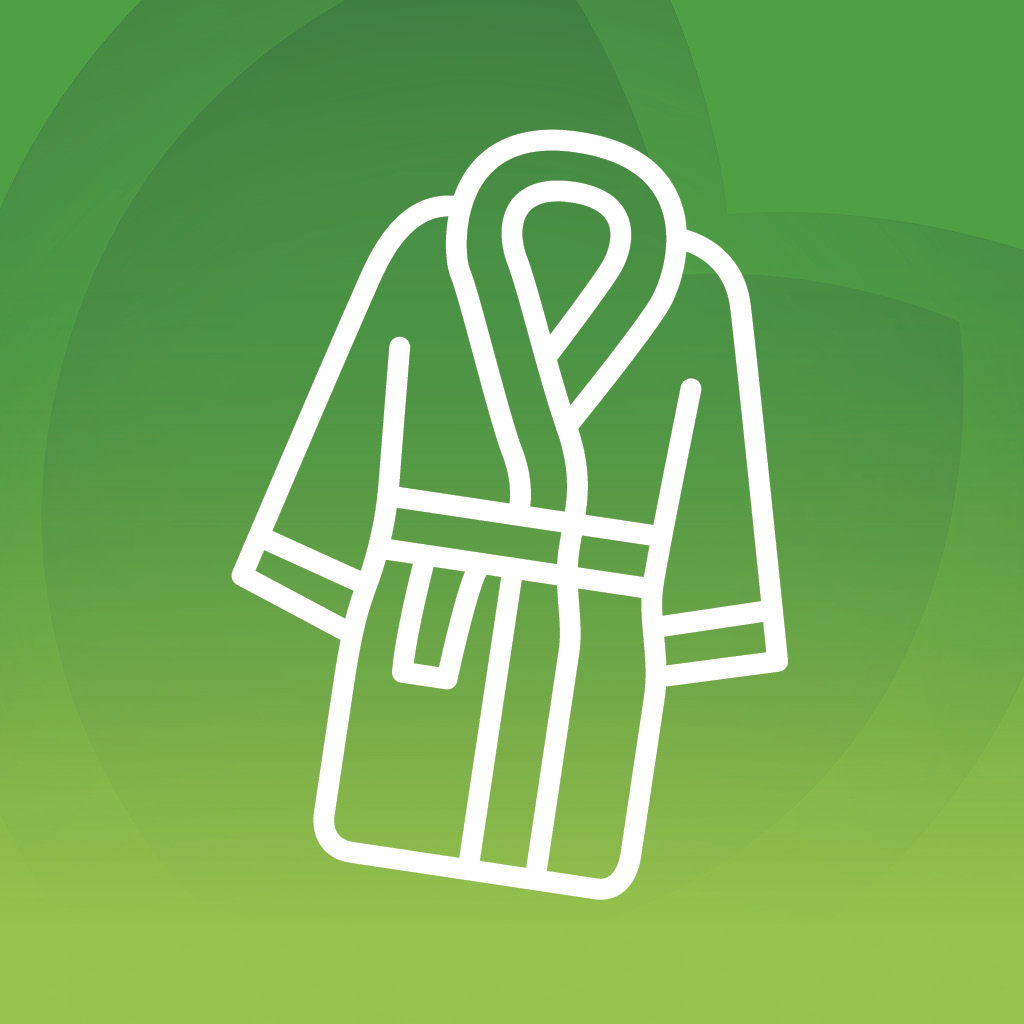 Fürdőköpenyt ábrázoló ikon, relaxációs élményt jelképezve, zöld háttéren.