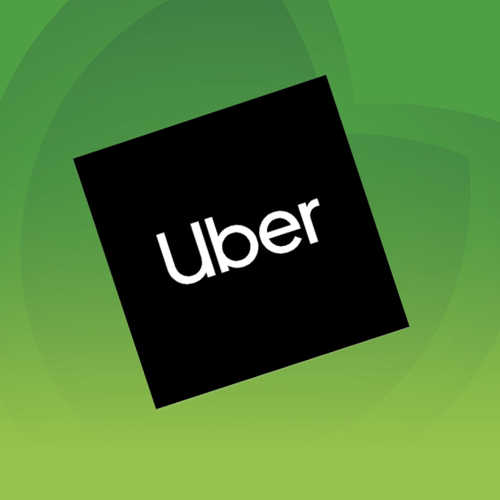Uber logó fekete négyzetben, enyhén elforgatva, zöld háttéren.