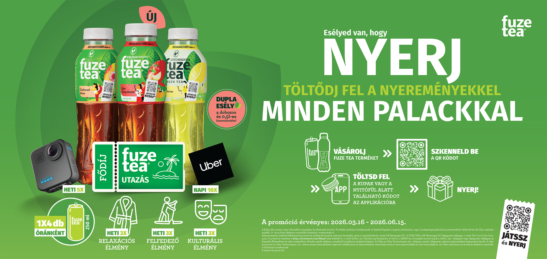 Fuze Tea promóció zöld háttéren: palackok, nyeremények és QR-kód, minden palackkal esély a nyerésre.