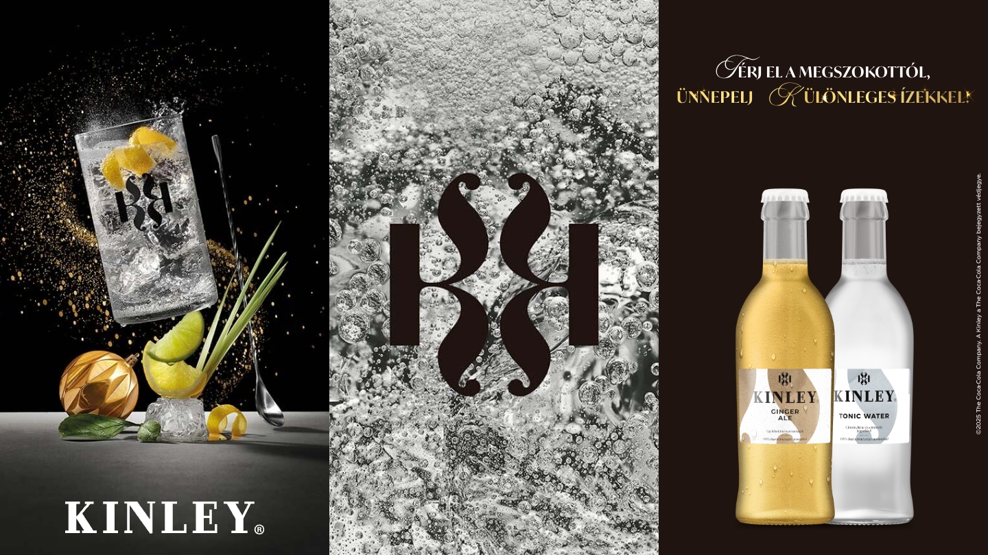 Ünnepi Kinley ital citrusdíszítéssel, Kinley logó pezsgő buborékokos hátteren, és üveges Ginger Ale, Tonic Water.