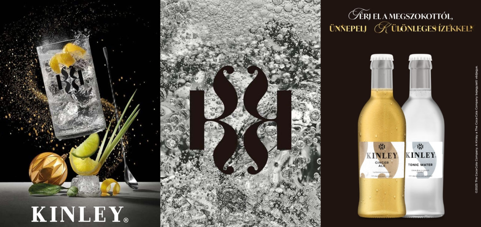 Ünnepi Kinley ital citrusdíszítéssel, Kinley logó pezsgő buborékokos hátteren, és üveges Ginger Ale, Tonic Water.