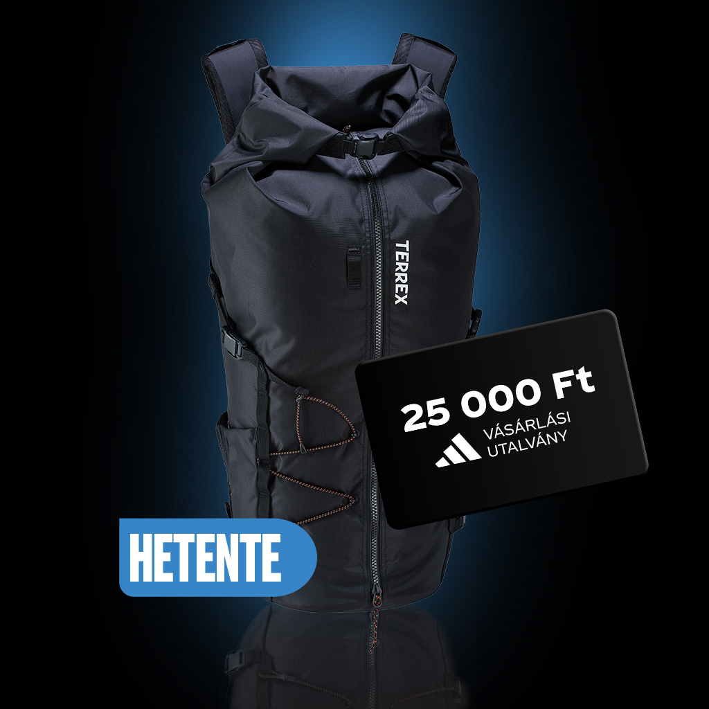 Kék Powerade kulacs sötét háttéren, sportos dizájnnal, „Óránként” felirattal jelölt nyeremény.