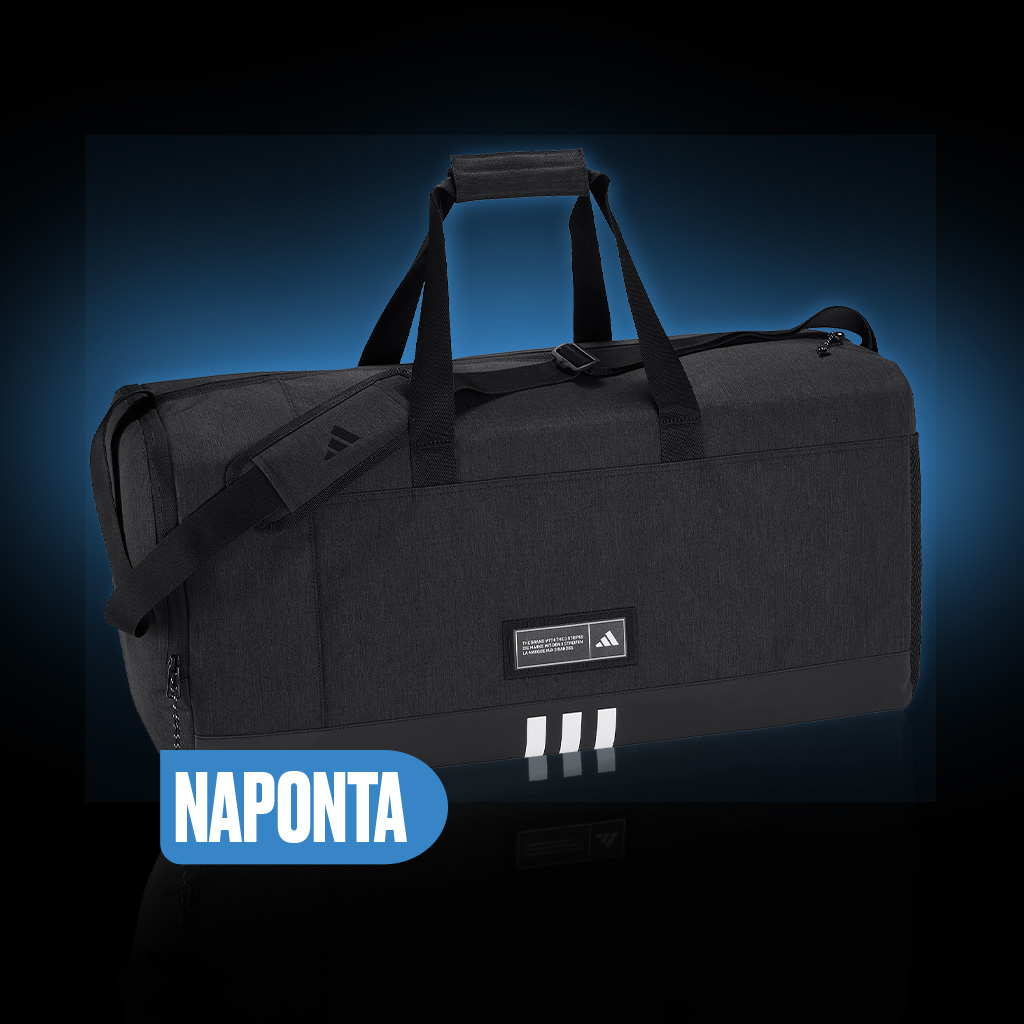 Adidas sporttáska sötét háttéren, „Naponta” felirattal, Powerade promóció napi nyereménnyel.