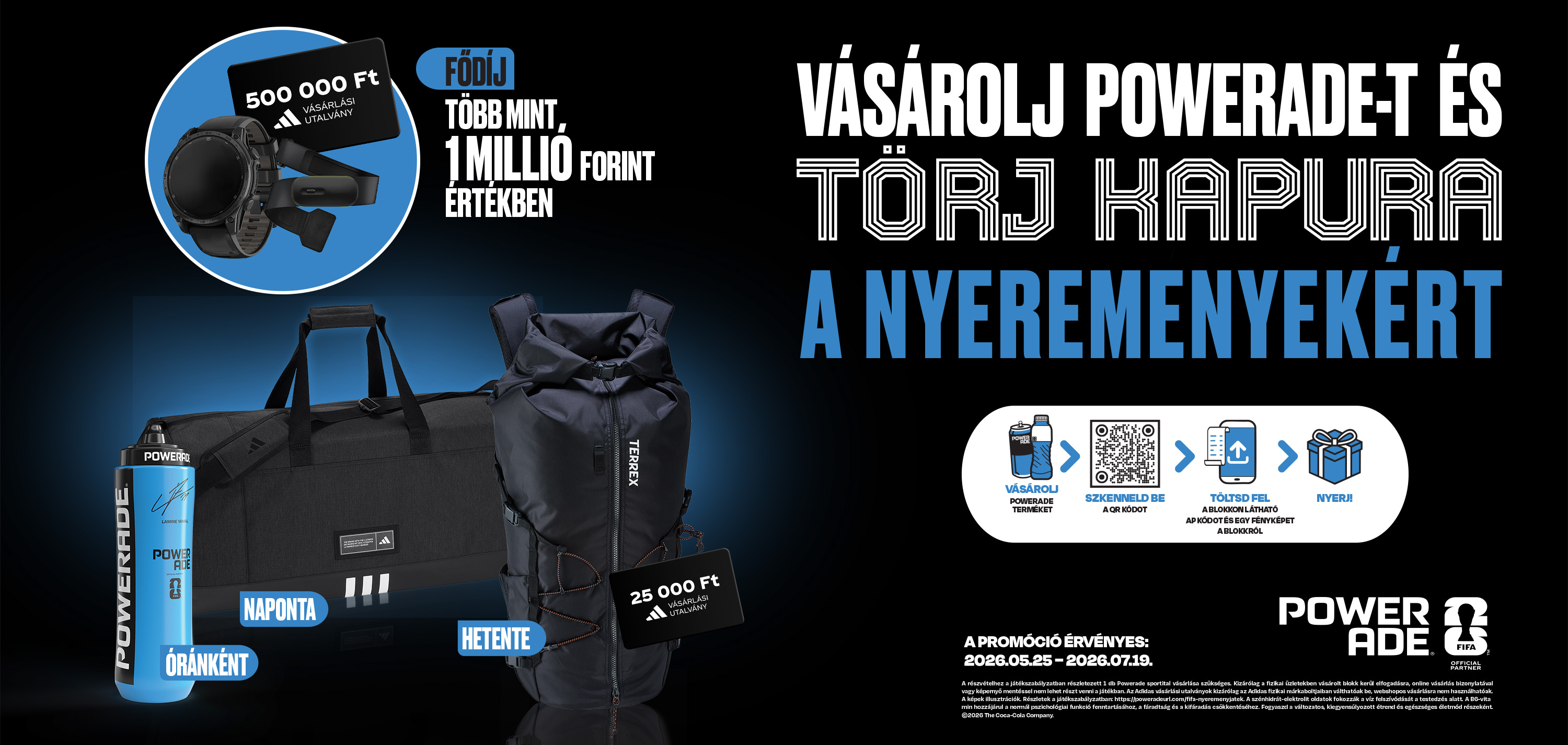 Powerade promóció: vásárolj Powerade-et, töltsd fel a kódot, és nyerj értékes Adidas felszereléseket és utalványokat.