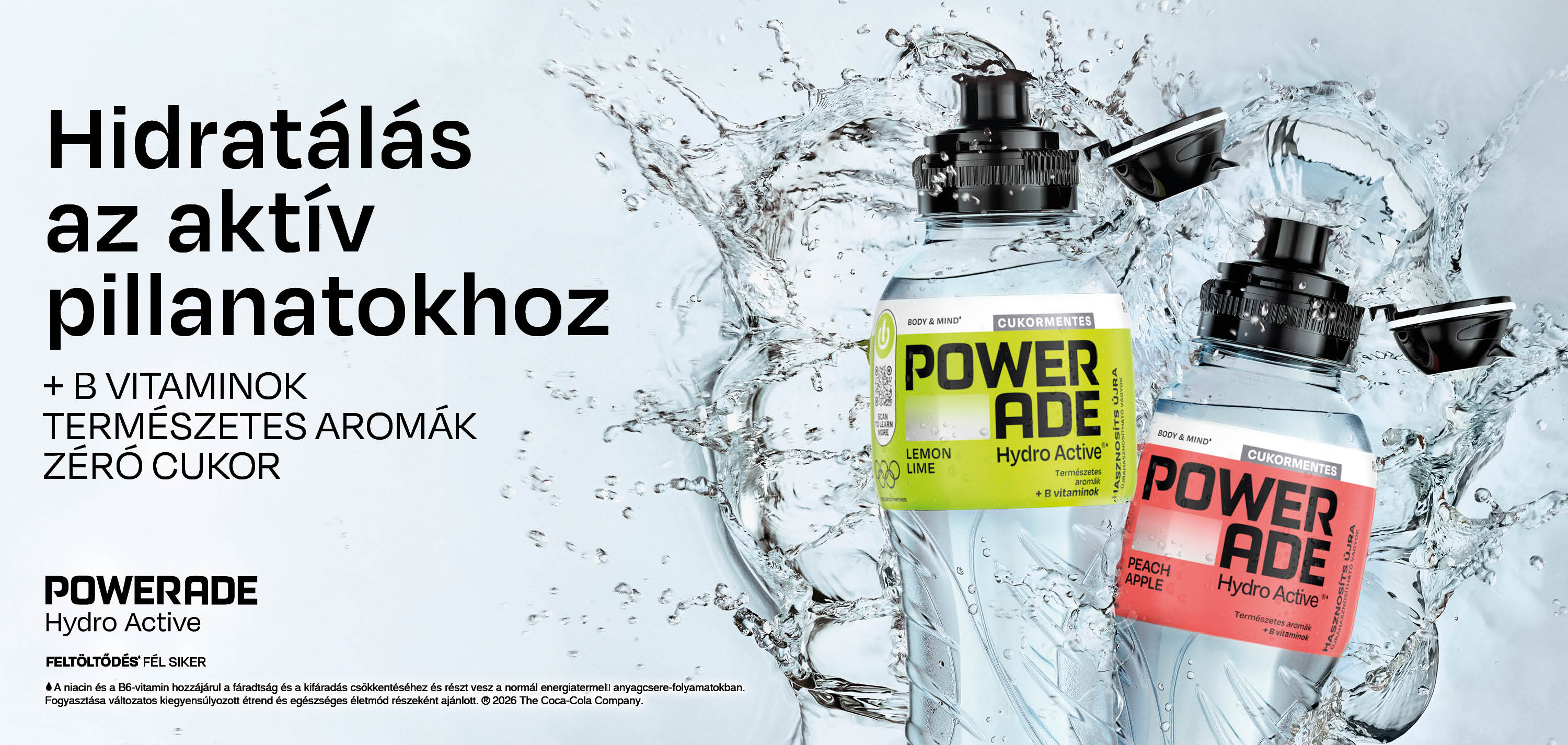 Powerade Hydro Active palackok vízfröccsenésben, cukormentes sportital aktív pillanatokhoz