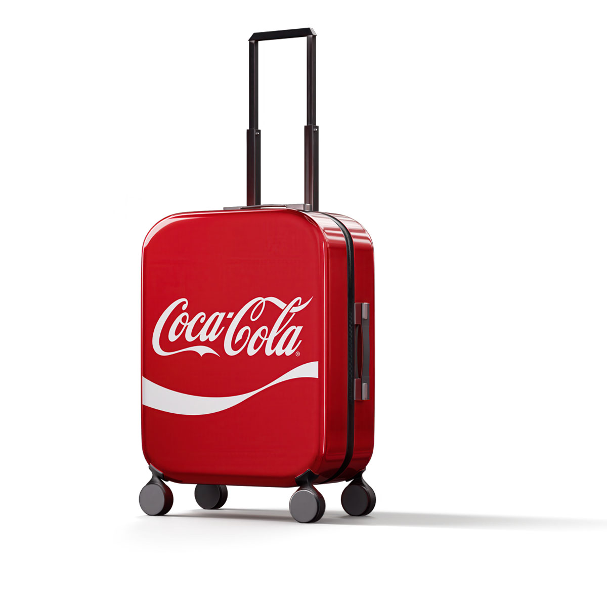 Piros Coca‑Cola gurulós bőrönd kihúzható fogantyúval, elöl fehér logóval.