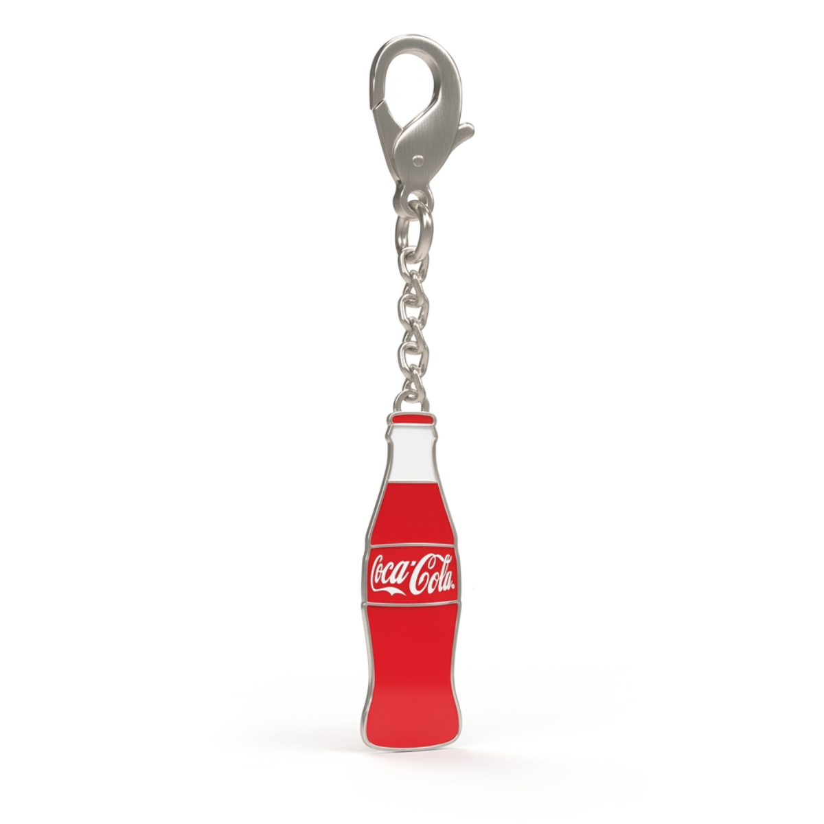 Coca‑Cola üveg alakú piros kulcstartó lánccal és csattal, egyszerű fehér háttéren.