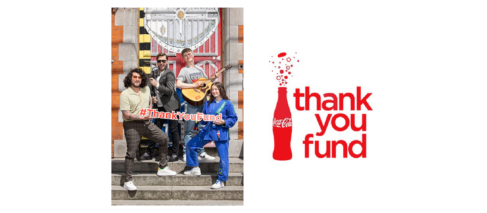 Band of four members with their instruments posing for a photograph in front of a building holding a 'Thank you fund' sign