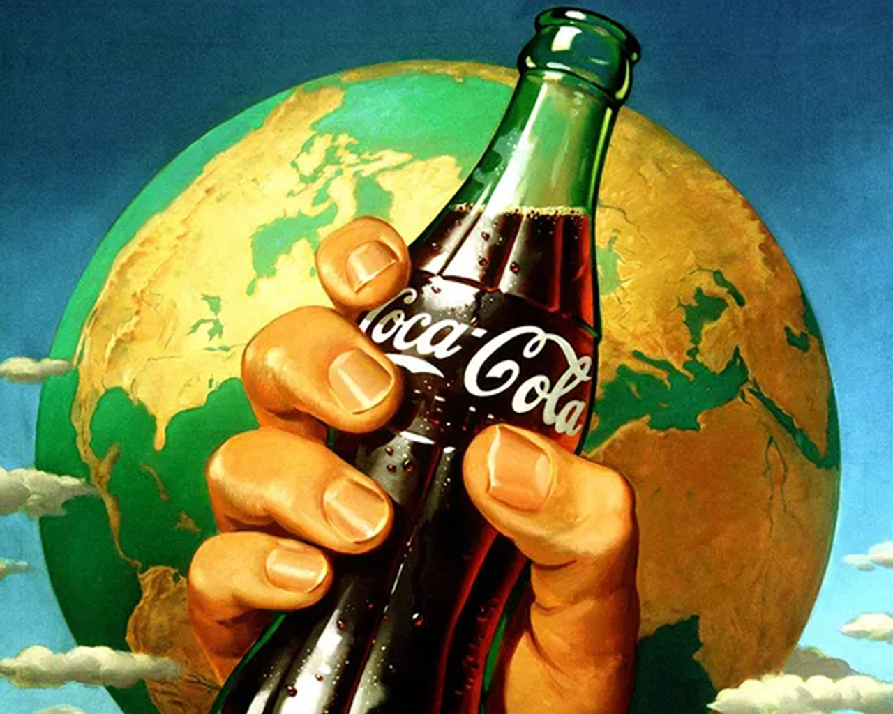 Vintage colorful illustration of a hand holding a Coca-Cola bottle in front of a terrestrial globe