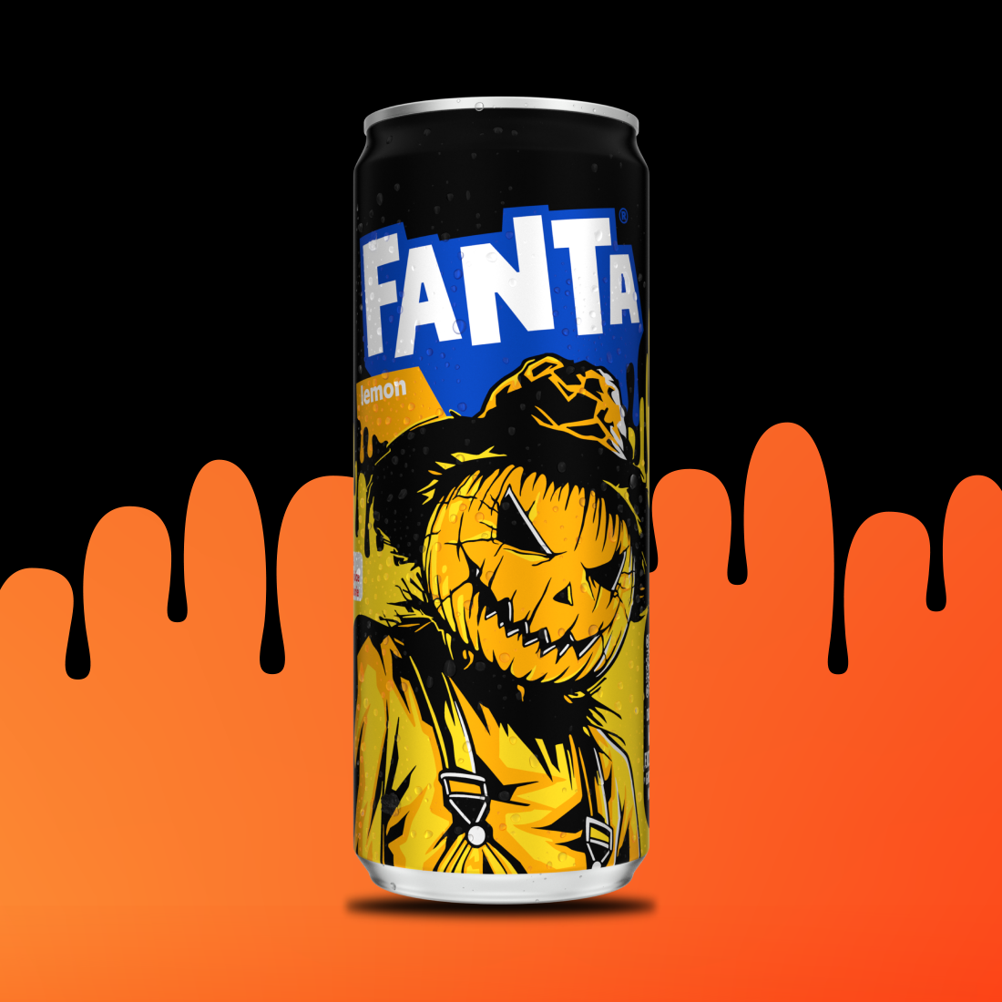 Limited-edition Fanta Lemon can featuring Haystacks, the Halloween Harvester.