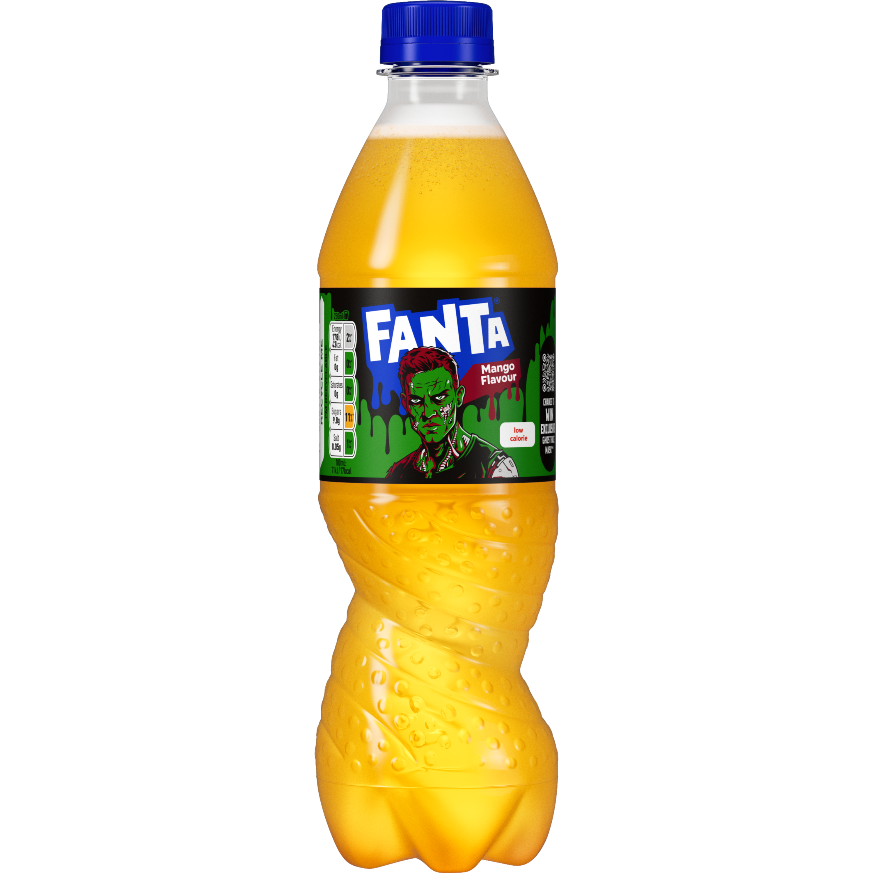 Fanta Mango bottle on white background